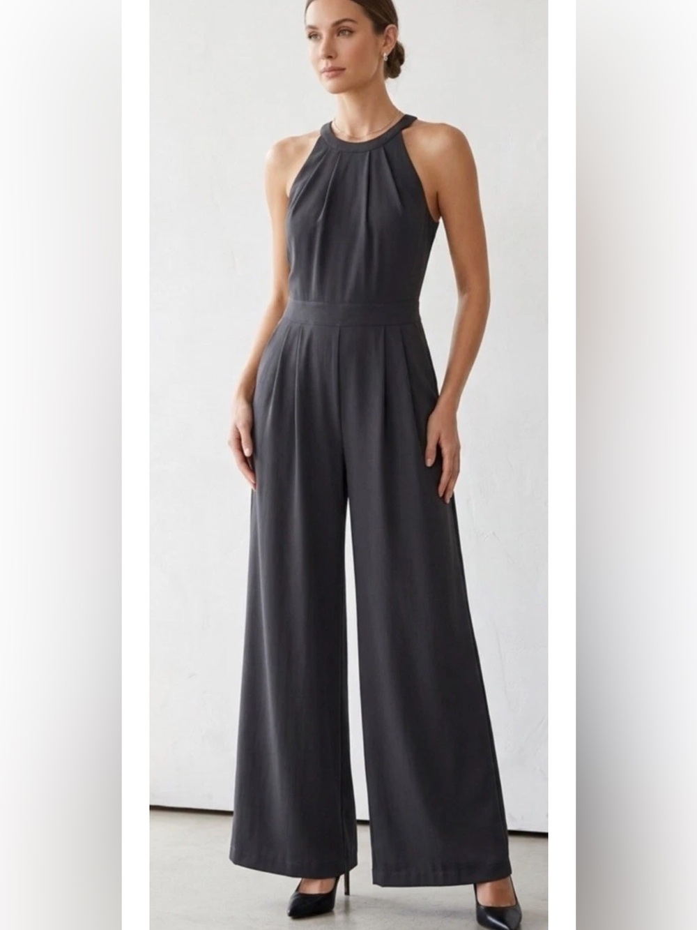 Anthropology Greylin Black Sleeveless Pockets Cutout Back Pleated Jumpsuit Sz L